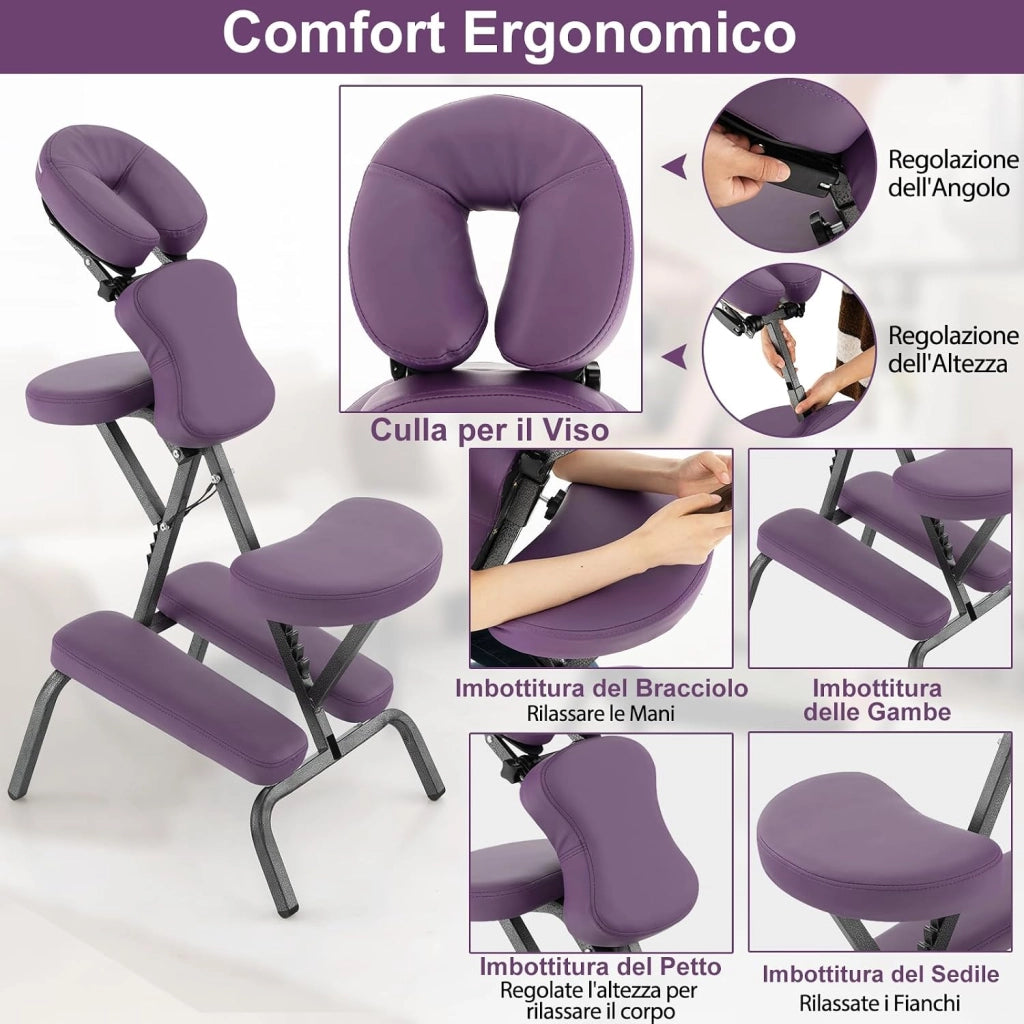 Sedia da Massaggio Pieghevole e Leggera, per Viaggi Tatuaggi e SPA, Sedia da Massaggio con Altezza Regolabile con Poggiatesta e Borsa da Trasporto (Viola)