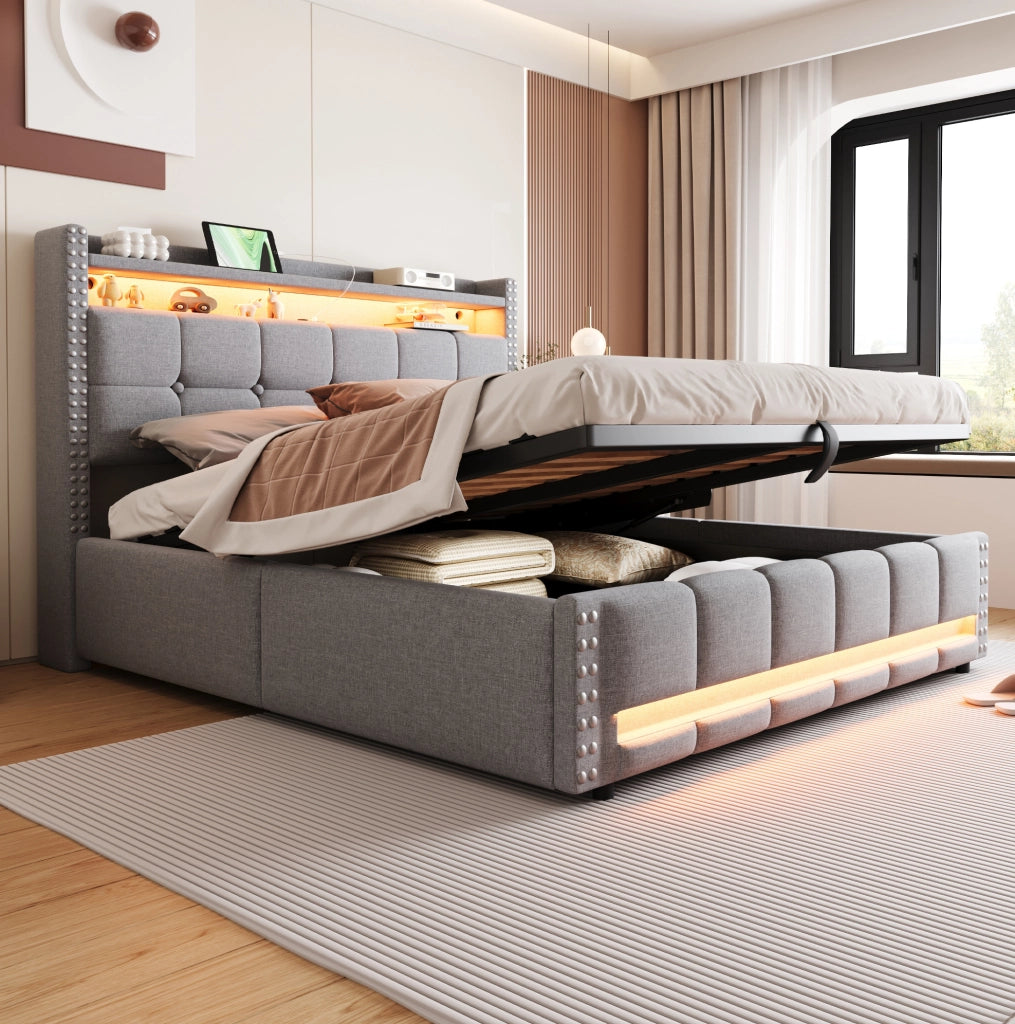 Letto imbottito 160x200 cm con LED; USB e contenitore in lino grigio chiaro