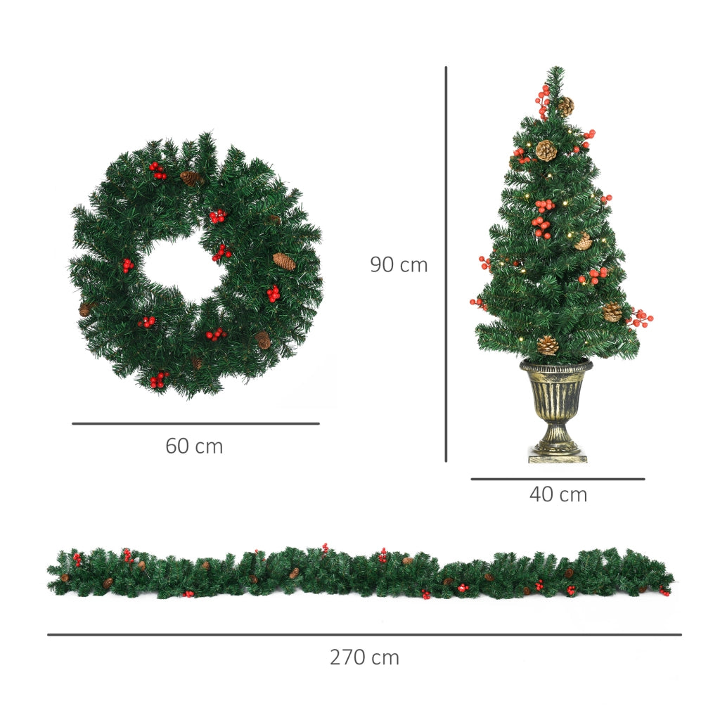 EasyComfort Decorazioni Natalizie, Set 4 Pezzi con 2 Alberelli di Natale Φ40x90 cm, Ghirlanda Natalizia e Corona di Natale