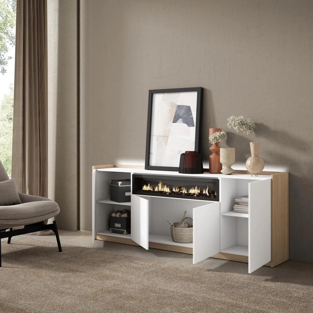 Credenza, Mobile, Cucina, 207x80x37 cm, 4 Porte, Camino elettrico, LED, Bianco e Rovere soft