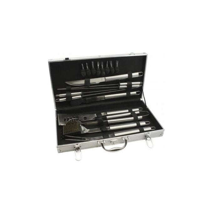 Leopold Vienna LV01070 Grillkoffer Barbecue Case 18 Pezzi in Acciaio Inox con Forchetta Coltello Pinze Spatola Pennello e Skewers colore Nero
