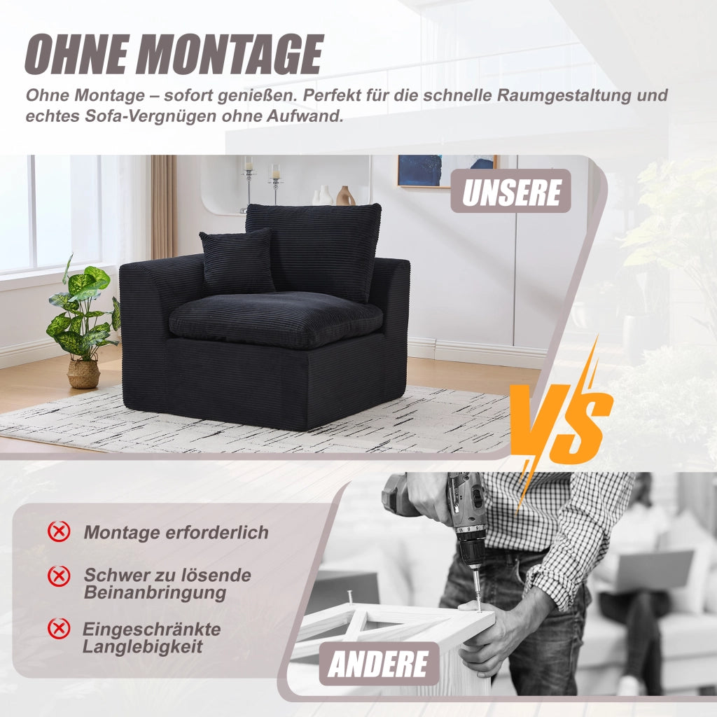 OKWISH Poltrona in Velluto a Coste, Seduta Imbottita con Cuscino Schienale, Design Minimalista, Nero