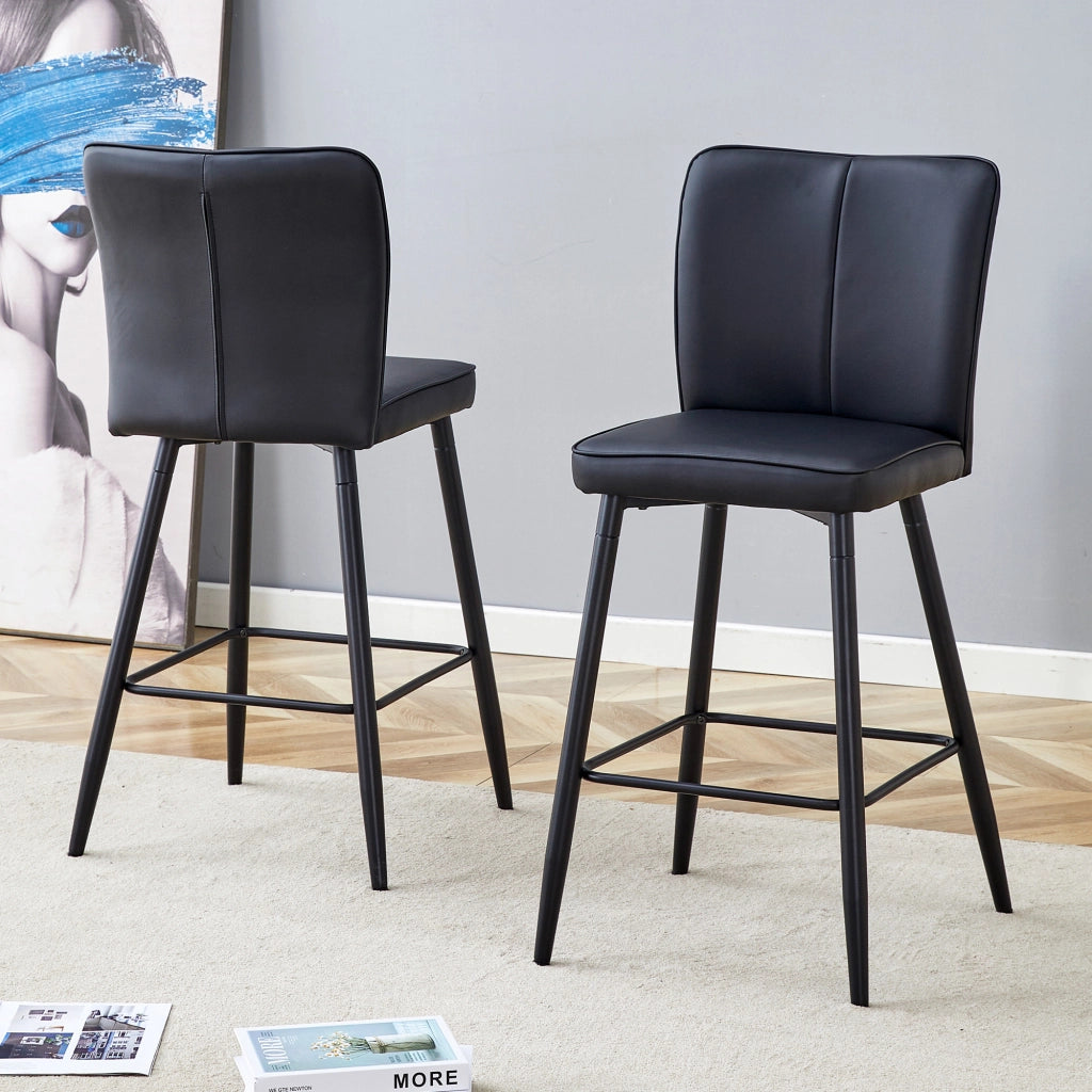 Set di 2 Sgabelli da Bar con Schienale Ergonomico e Poggiapiedi; Piedini Regolabili; Metallo e PU; Nero