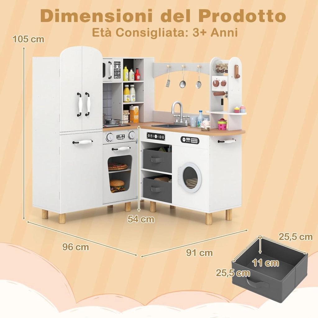 Cucina Giocattolo per Bambini, Cucina da Gioco ad Angolo con Fornelli, Frigorifero, Macchina da Caffè, Microonde, Lavatrice e Accessori, con Suoni e Luci per Bambini 3+ Anni (Bianco)