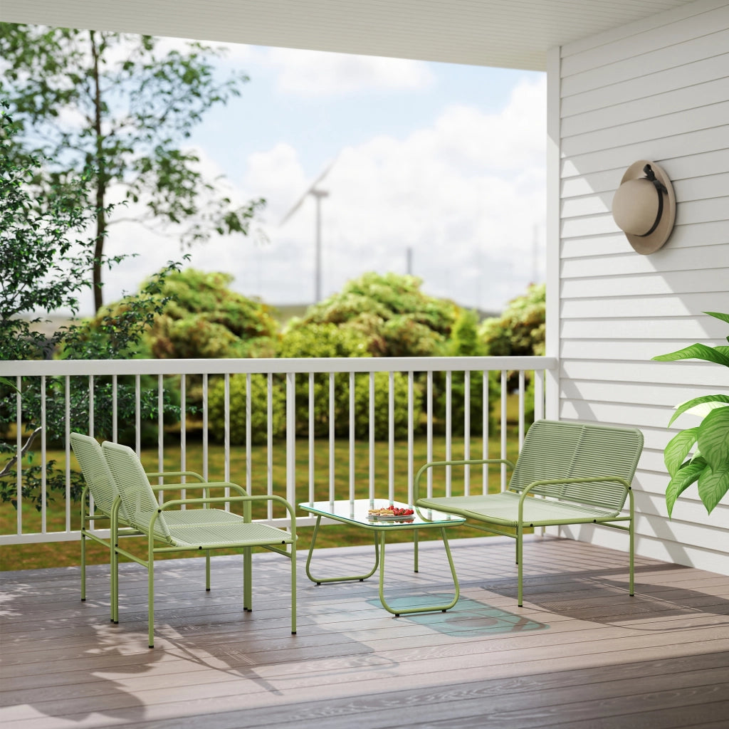 Set Salotto da Giardino con Divanetto Poltrone e Tavolino con Piano in Vetro in Rattan PE Verde