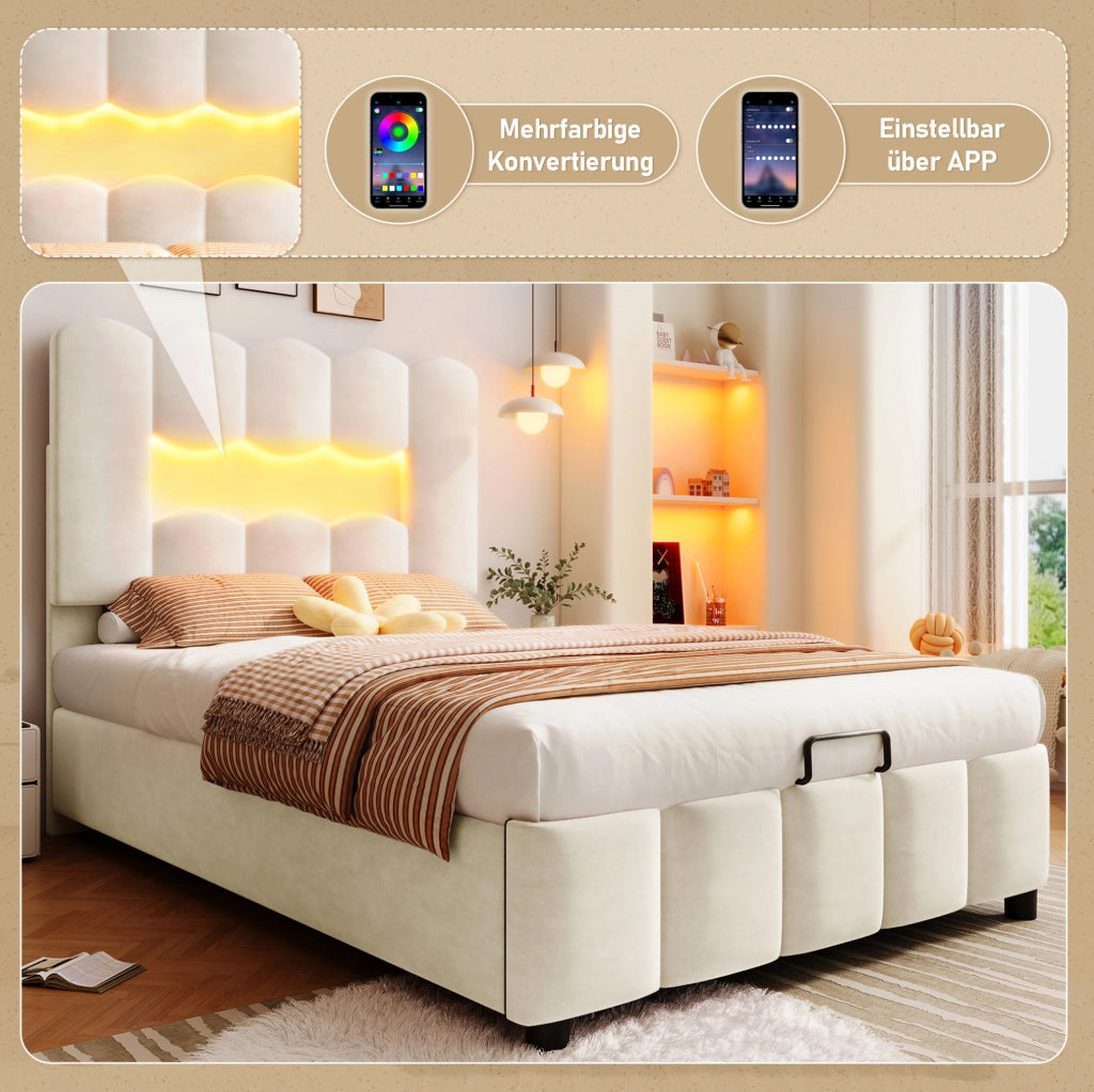 Letto imbottito 90x200 cm beige con LED e vano contenitore