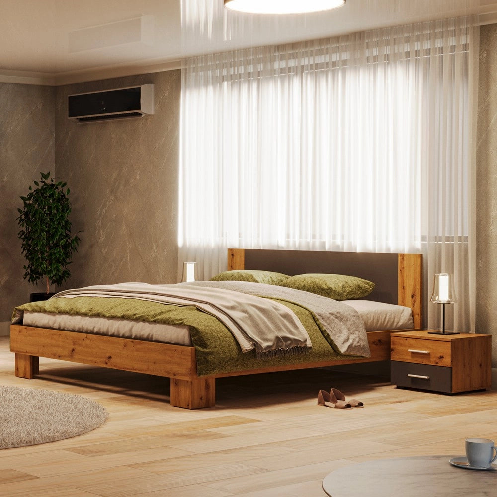 Letto matrimoniale Meria 180x200 con comodini integrati antracite e rovere