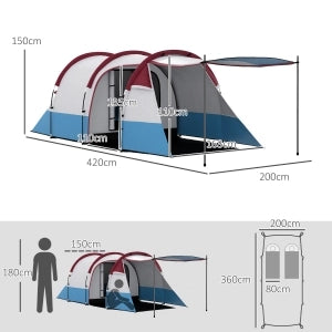 Tenda da campeggio tunnel per 3 persone in poliestere rosso con 2 aree, 3 ingressi, 2000 mm, 420 × 200 × 150 cm