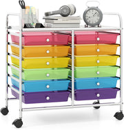 Carrello con 12 cassetti impilabili, carrello per cassetti con ruote e piano di lavoro, carrello per soggiorno, cucina, camera da letto e uffici, 64 x 38 x 62 cm (trasparente colorato)