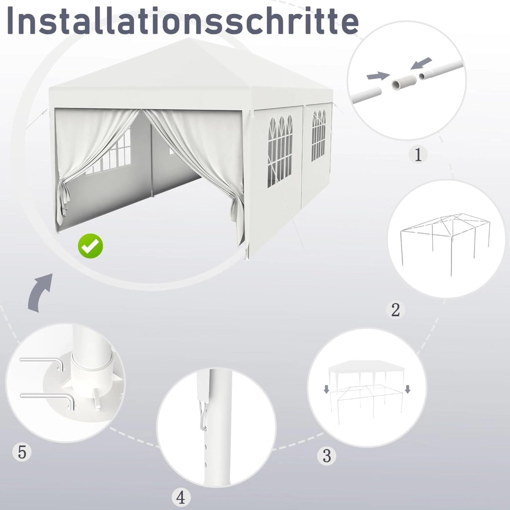 Gazebo Esterno Resistente da Giardino 3 x 3 m con Pannelli Laterali e Finestre in Poliestere Gazebi Tendone per Feste Protezione UV Impermeabile Tenda per Esterni, Bianco