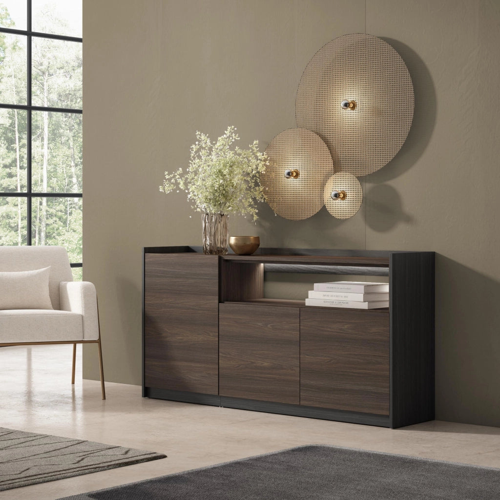 Credenza, Mobile, Cucina, 156x80x37 cm, 3 Porte, LED, Rovere scuro e Nero