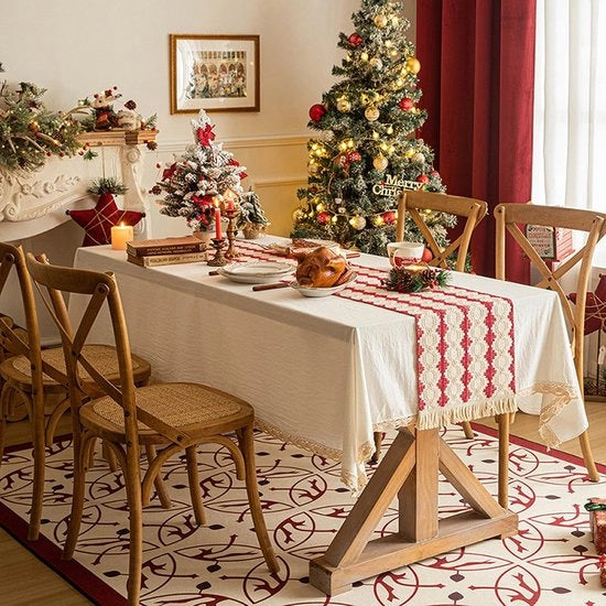 Tavolo da Pranzo in Tela Rugginata Rossa/Bianca - Decorazione - Natale - Tavolo da Cucina - 30 x 180 cm - Materiale Soffice con Piumini - Tovaglia da Tavolo
