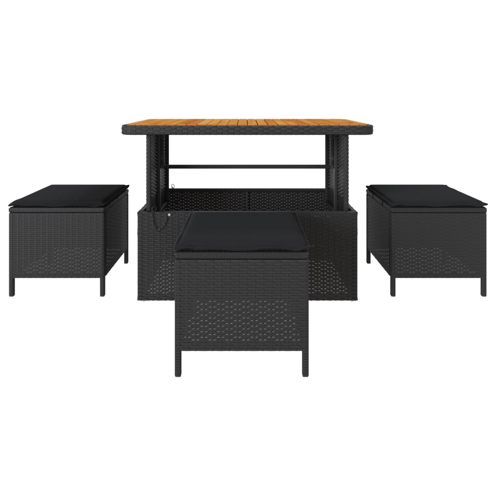 Set da Pranzo da Giardino 4 Pezzi con Cuscini Nero Polyrattan Acacia
