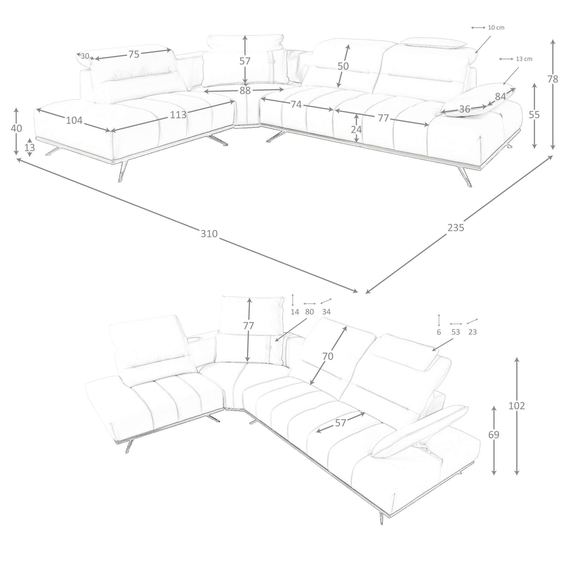 Divano angolare sinistro in pelle grigio chiaro