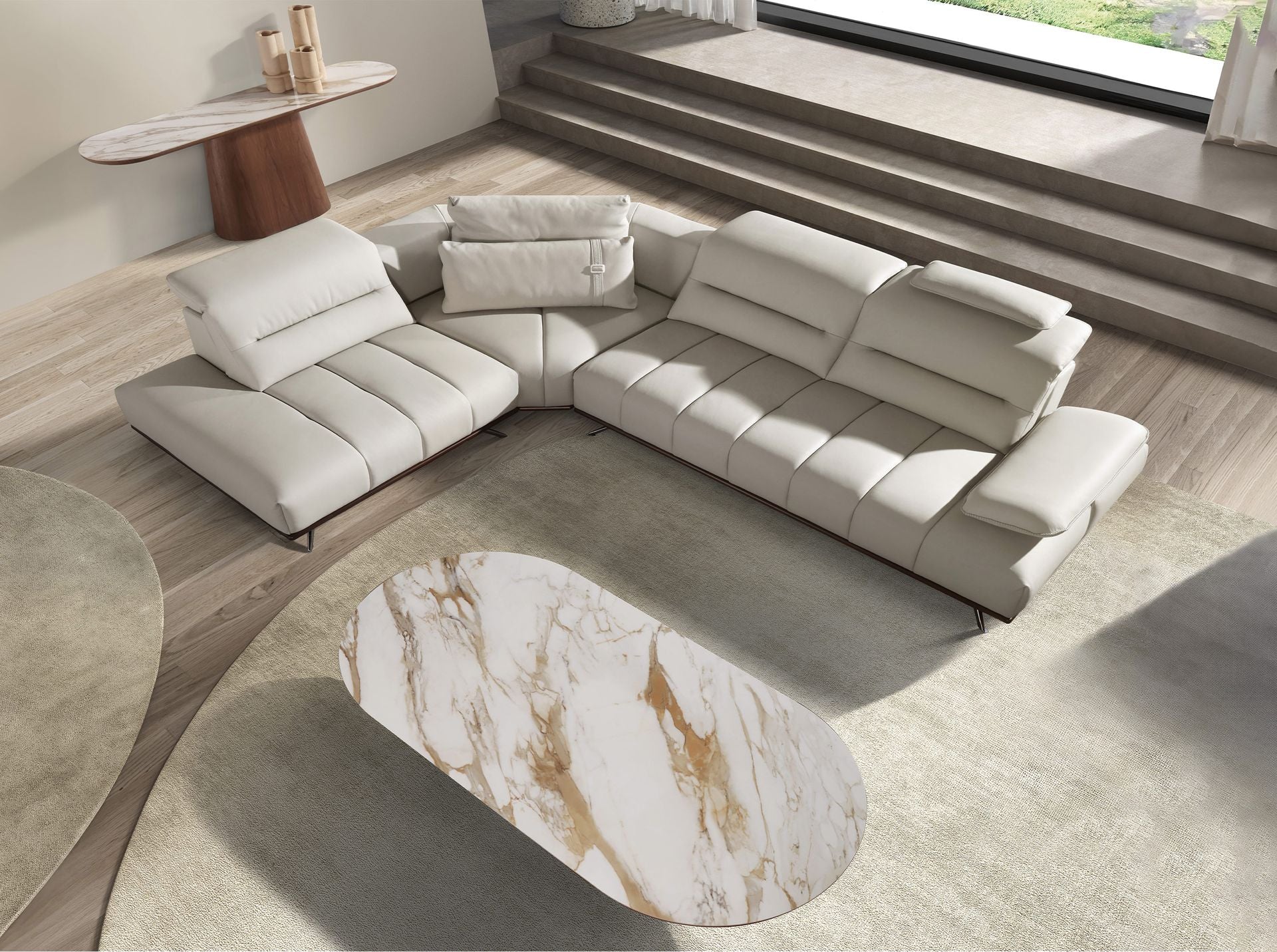 Divano angolare sinistro in pelle grigio chiaro