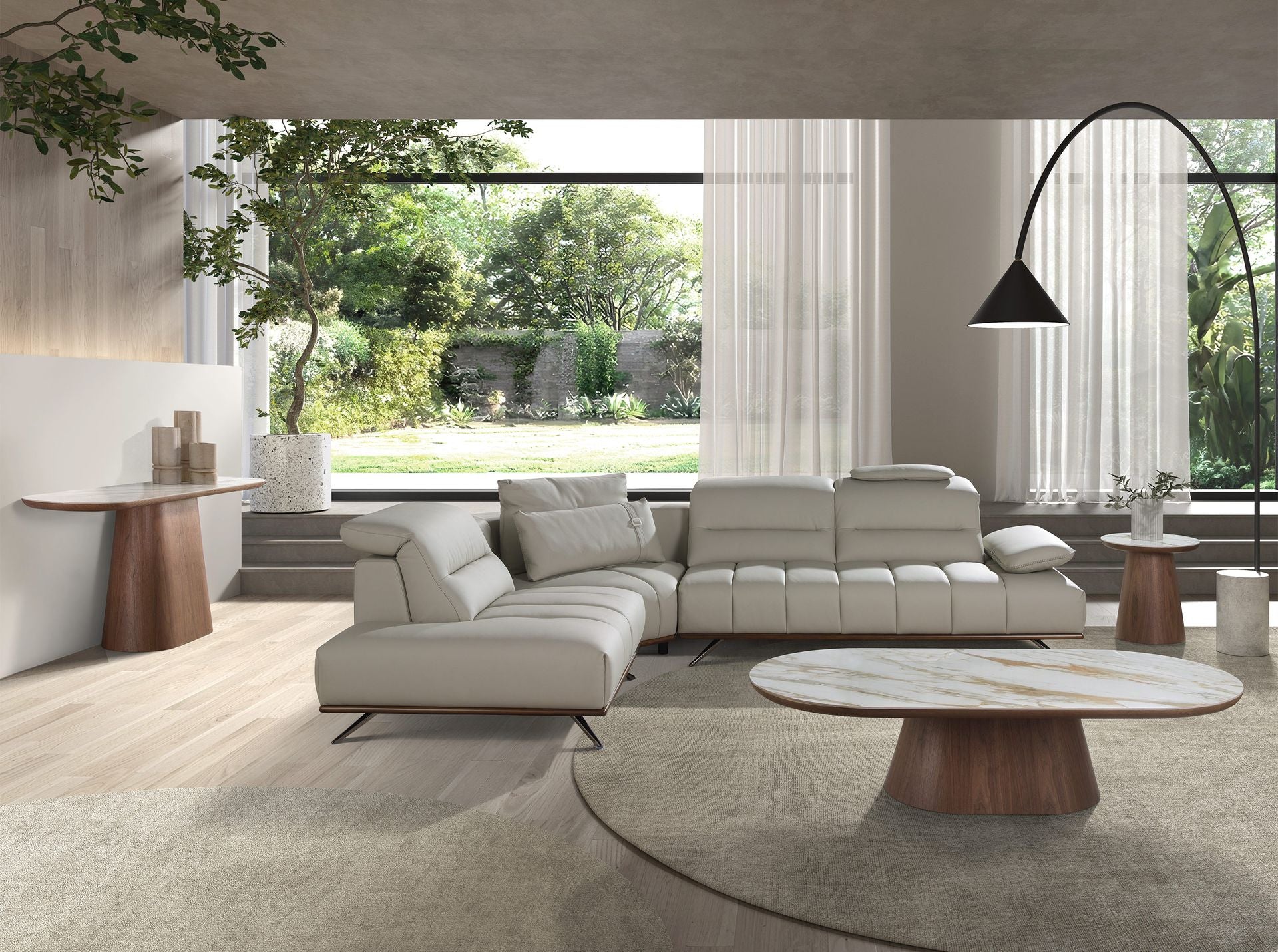 Divano angolare sinistro in pelle grigio chiaro