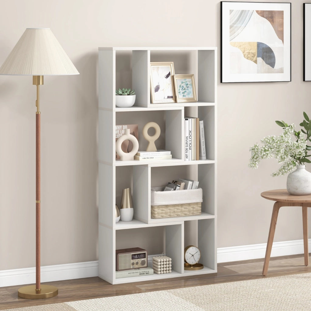 Libreria geometrica a 4 ripiani da 120cm-Organizzatore di stoccaggio moderno con 8 cubi in legno per soggiorno Bianco