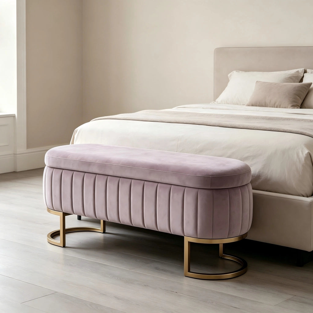 Panca da letto con contenitore in velluto, gambe in metallo dorato e trapuntatura verticale, rosa 130 cm