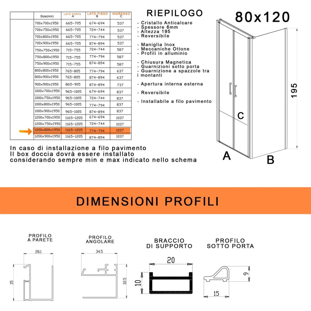 Box doccia due lati con porta saloon h195 6mm anticalcare dobla, misura 80x120
