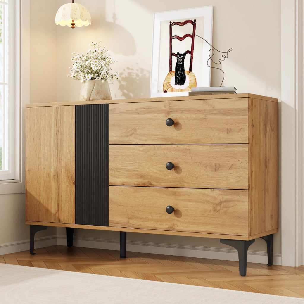 Credenza Moderna Legno e Nero Mobile Buffet 120 cm con 3 Cassetti e Anta