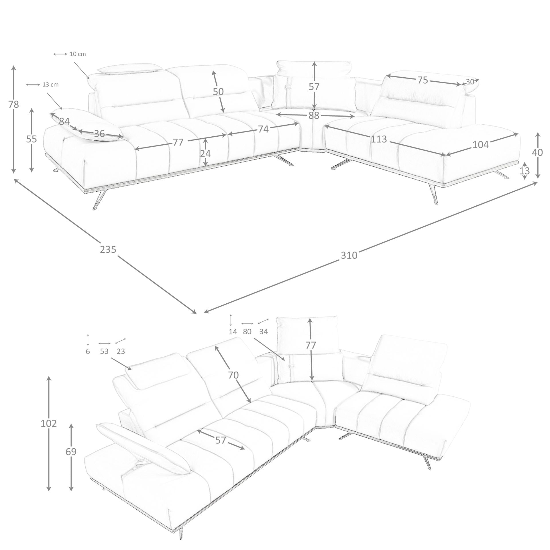 Divano angolare destro in pelle grigio chiaro