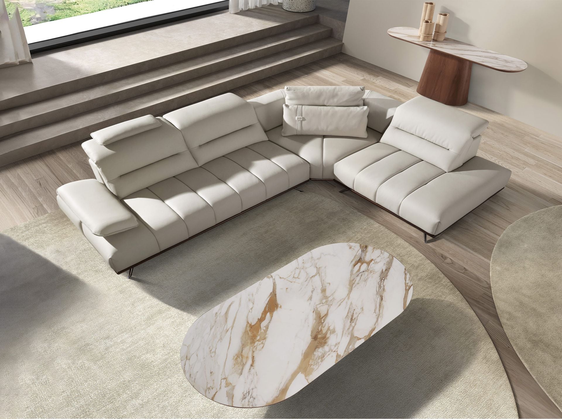 Divano angolare destro in pelle grigio chiaro