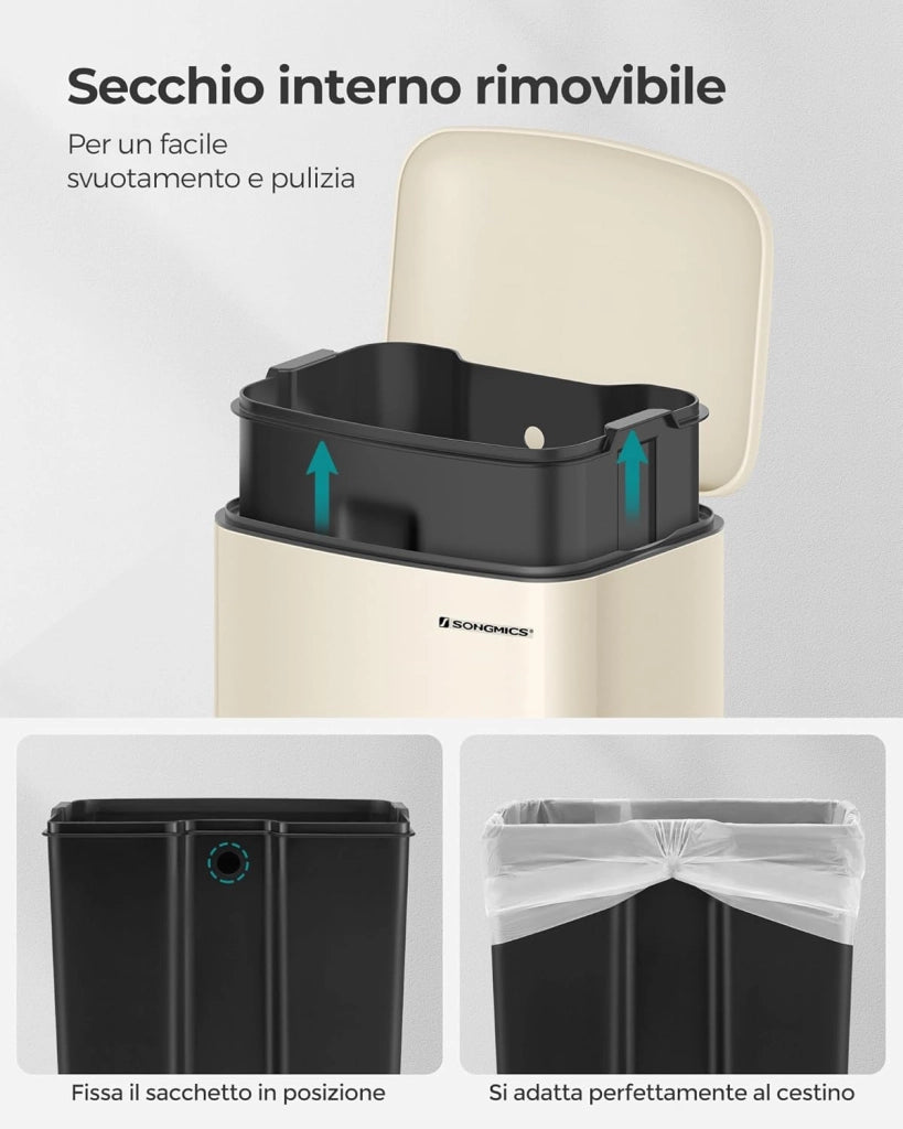 SONGMICS Pattumiera da Cucina, Cestino della Spazzatura da 30L, Pattumiera a Pedale in Acciaio con Coperchio e Secchio Interno, Chiusura Morbida Ammortizzata, Bianco Nuvola LTB001A01