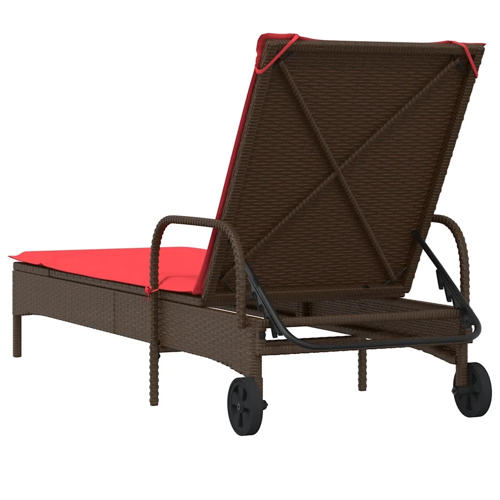 Lettino prendisole con ruote e Cuscino in Polyrattan Marrone 368314