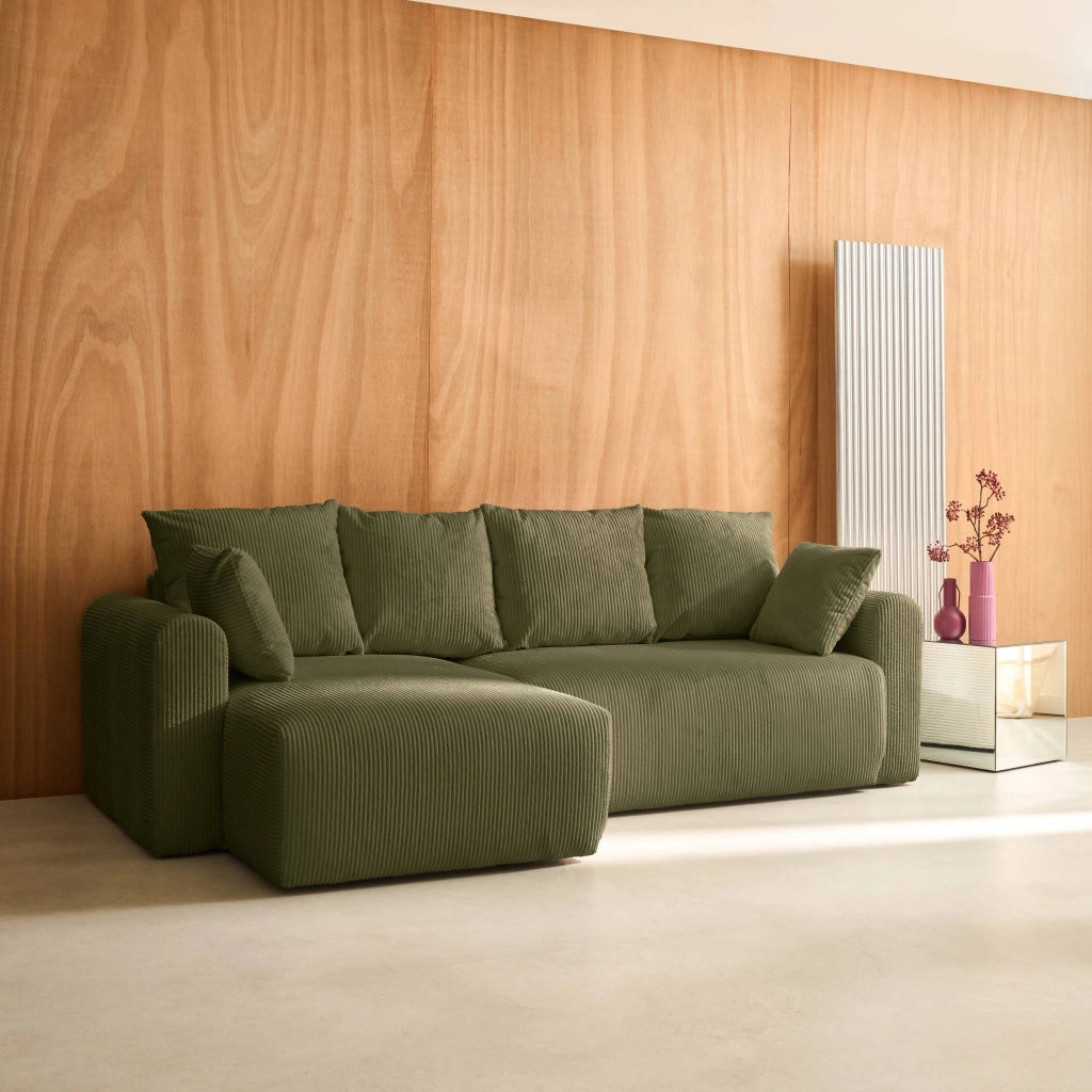 Divano letto angolare reversibile in velluto a coste, 3 posti, verde