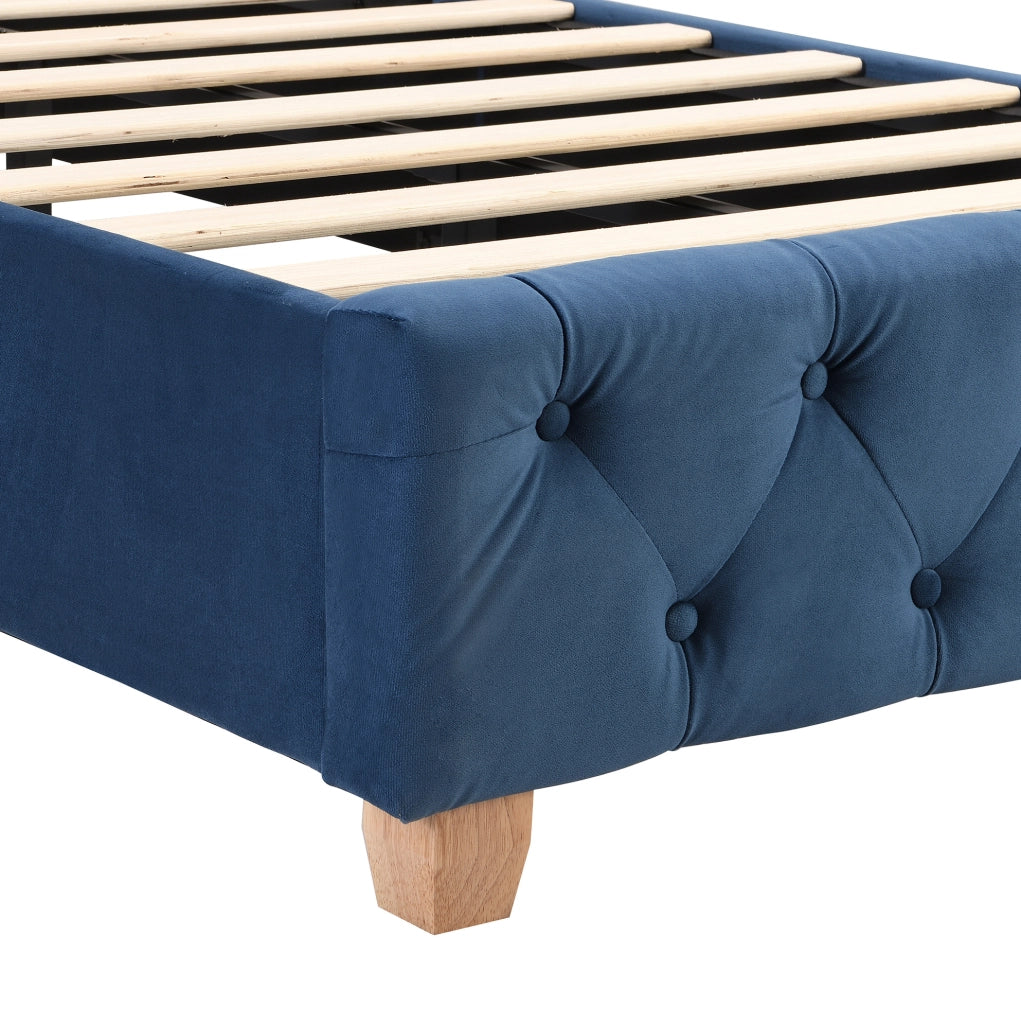 Letto imbottito 90x200 cm in velluto blu con testiera imbottita e rete a doghe