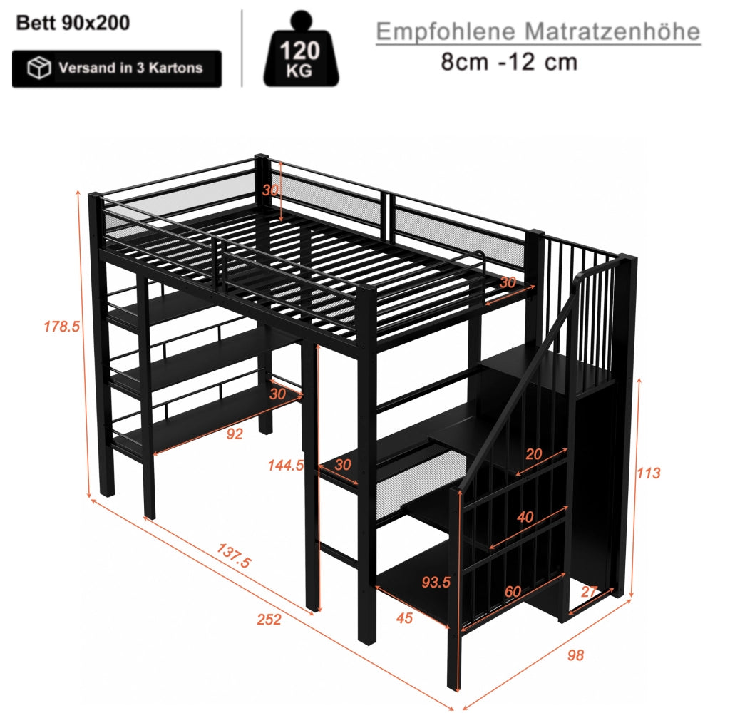 Letto a soppalco ULEVR 90x200 cm con scrivania, armadio, scaffale a 3 livelli, LED e presa, nero
