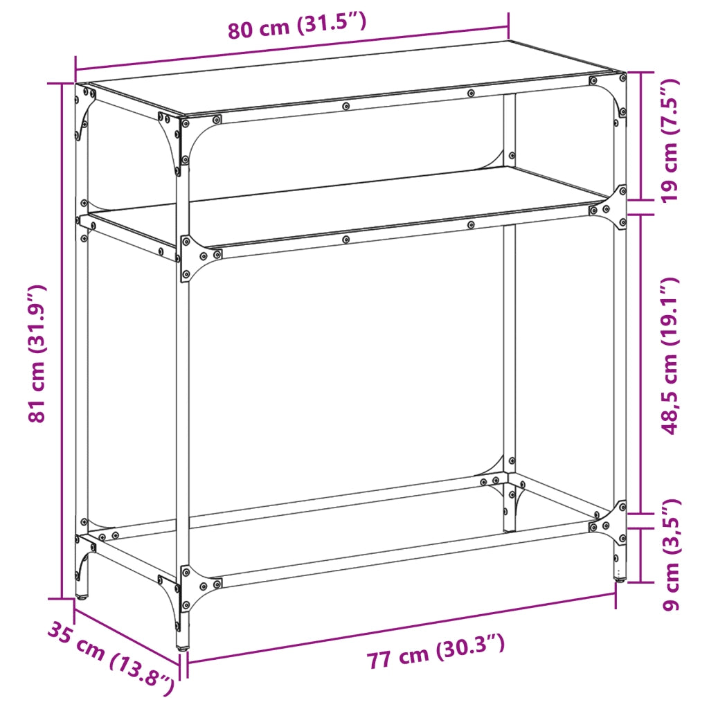 Tavolino Consolle Piano Vetro Trasparente 80x35x81cm in Acciaio