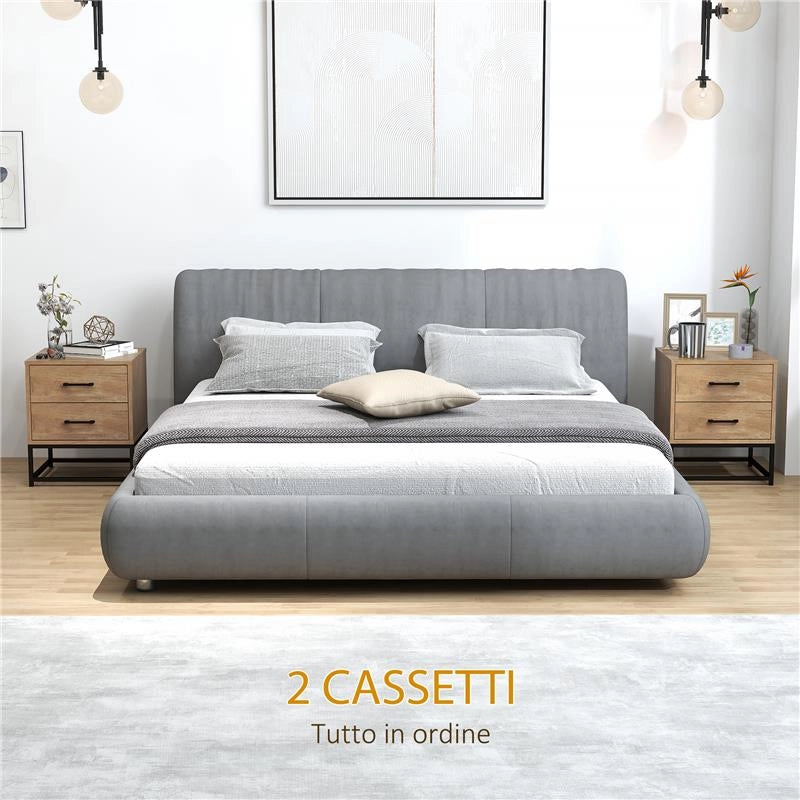 SET DI 2 COMODINI CON 2 CASSETTI STILE INDUSTRIALE IN LEGNO E ACCIAIO COLORE LEGNO