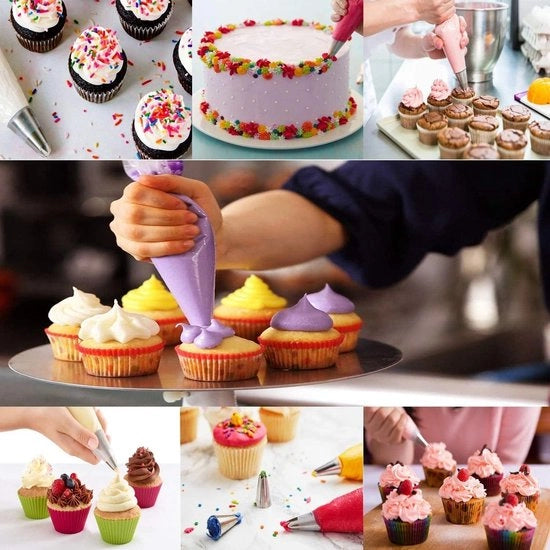 Set di sacchetti per spruzzare - 100 pezzi - con 12 bocchette in acciaio inossidabile - attrezzo per torte - sacchetti per decorazione di torte da gettare