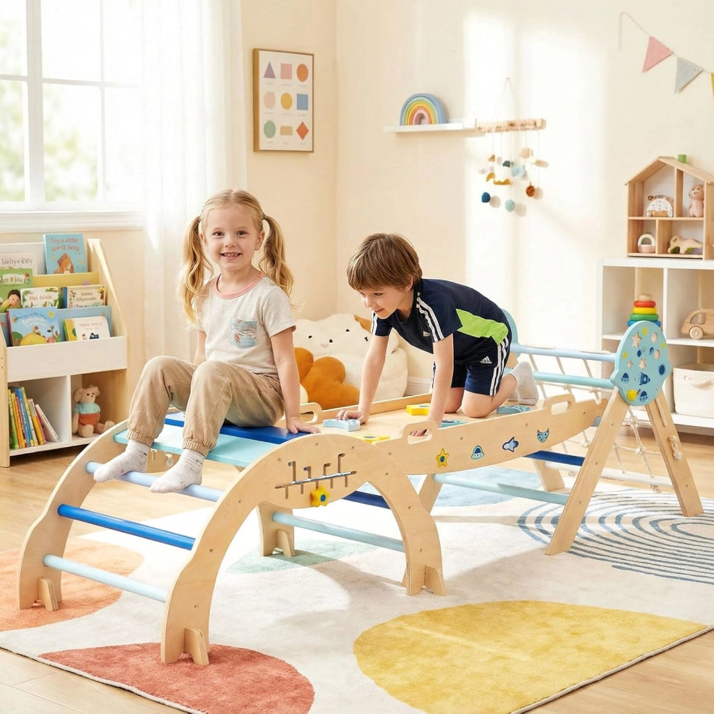 Set da Arrampicata per Bambini, Set Montessori Pieghevole con Arco, Rampa e Scalatore, Giochi da Arrampicata con Blocchi e Gioco del Labirinto, 1 Anni + (Astronauta 3 pezzi, Blu)