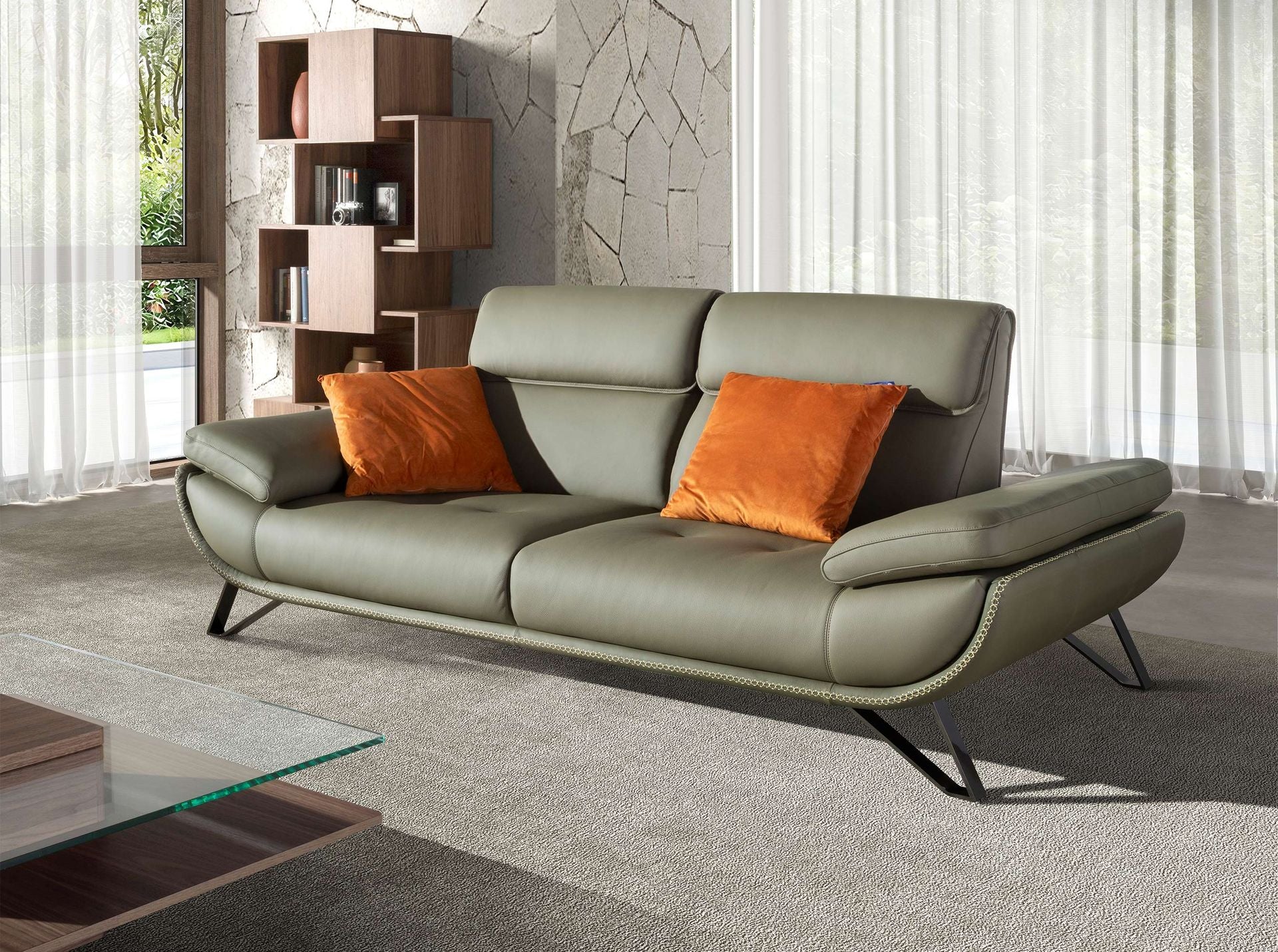 Divano a 3 posti in pelle verde oliva