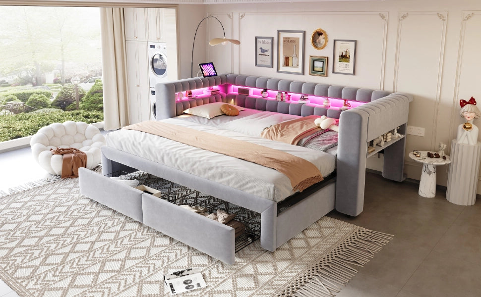 Divano letto con letto estraibile e cassetti, 90/180x190 cm, grigio chiaro