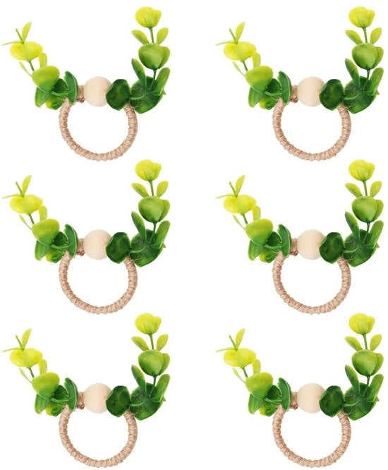 Set di Servitopi Manuali con Foglie di Eucalipto e Corda di Juta - Confezione da 6 - Decorazione Rustica per Tavola - Adatto per Feste