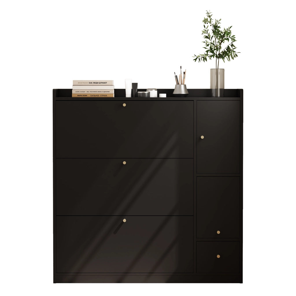 Scarpiera moderna con 3 ante a ribalta, cassetto e panca ribaltabile, colore nero, 119 x 24 x 122 cm