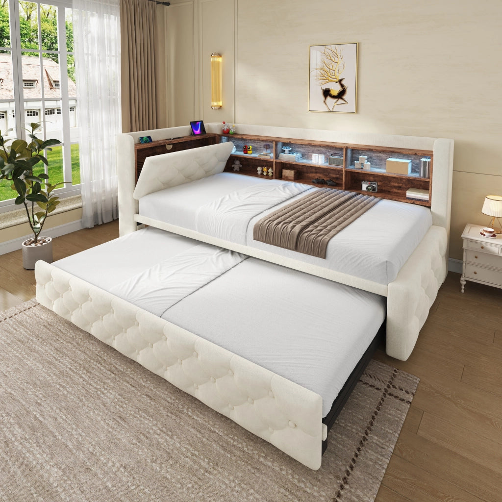 Letto a Divanetto 90x190 cm - Estraibile; LED; USB e Type-C - in Velluto - Beige