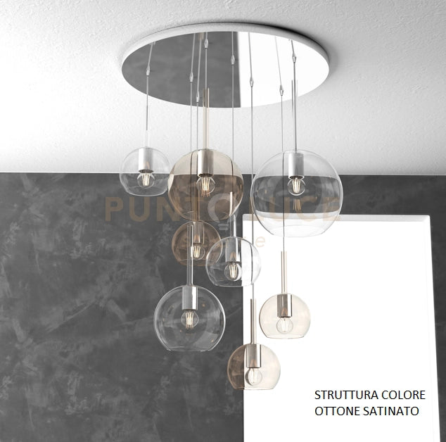 SOSP. OTTONE SAT. TONDA 8 LUCI VETRI (1 GRANDE TR+1 MEDIO AM+1 MEDIO TR +5 PICCOLO (3 X AM+2 X TR)) 1155OS-S8 TMIX-TA