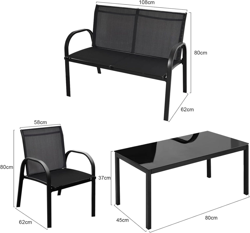 Set da Giardino con 4 Pezzi, Set da Giardino per Chiacchierare, Sedie da Giardino con Tavolino in Vetro, con Struttura Resistente in Ferro, Tessuto a Rete Traspirante (Nero)