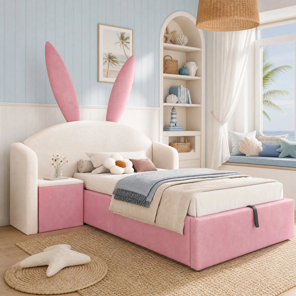 Letto imbottito 90x200 cm con vano contenitore idraulico, comodino integrato e design con orecchie di coniglio