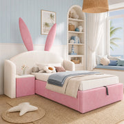 Letto imbottito 90x200 cm con vano contenitore idraulico, comodino integrato e design con orecchie di coniglio