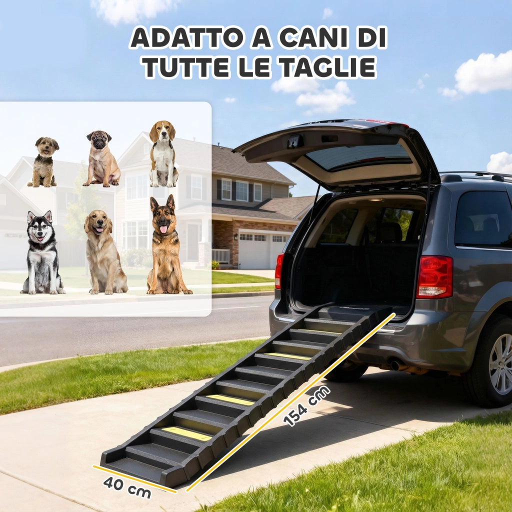 Scaletta per Cani Pieghevole per Auto da Viaggio a 10 Gradini Antiscivolo Capacità 68 kg in PP e TPR Nero