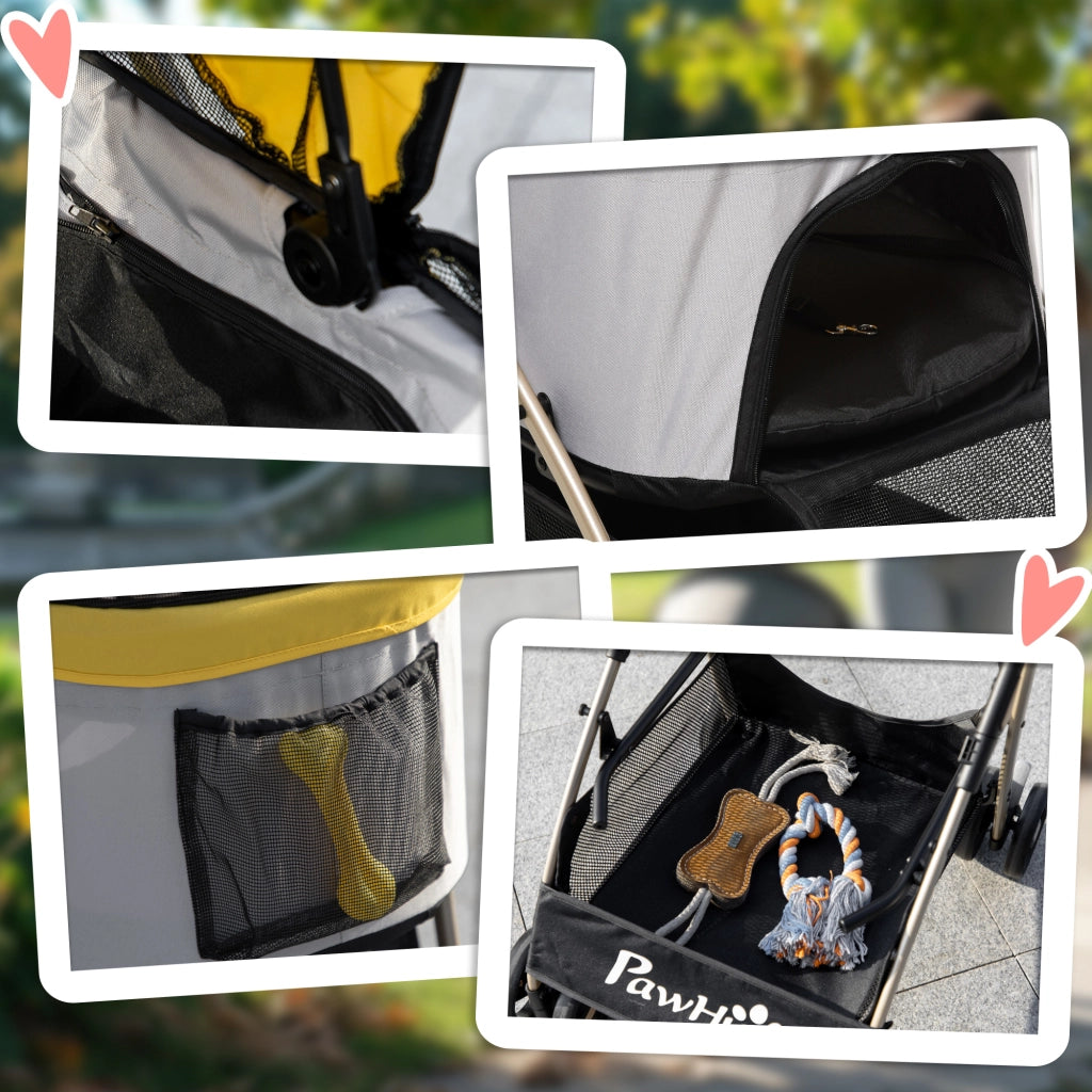 Carrello pieghevole 2 in 1 per cani e gatti con cesta e tasca, ruote con freno, guinzagli di sicurezza, acciaio, giallo