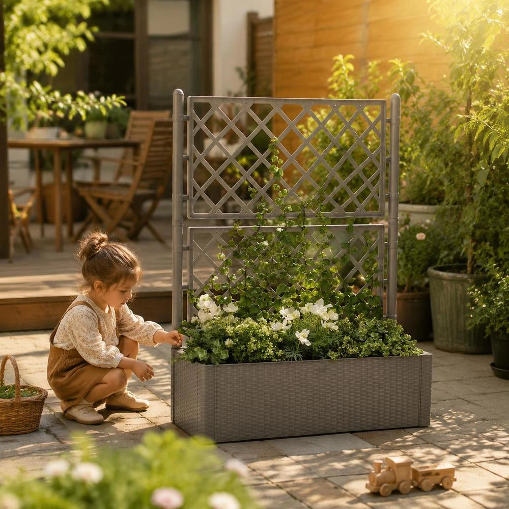Raised Garden Bed With Trellis And Self-watering System, Grey