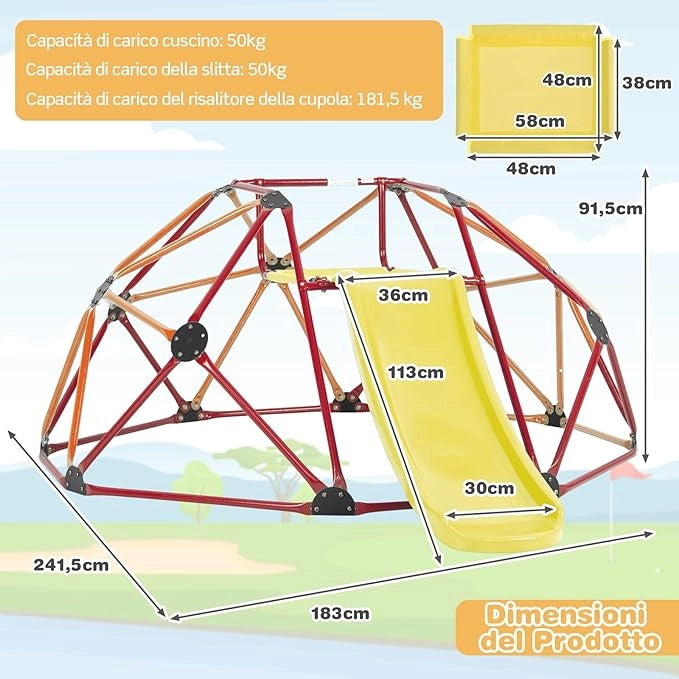 Cupola di Arrampicata, Struttura per Arrampicata con Scivolo, Capacità di Carico di 180 KG, per Bambini da 3 a 10 Anni, Ideale per Palestra, Cortile e Giardino (Stile 2 Arancione)