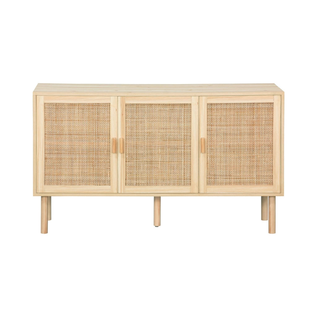 Credenza in vimini ed effetto legno a 3 ante, 120cm, marrone naturale
