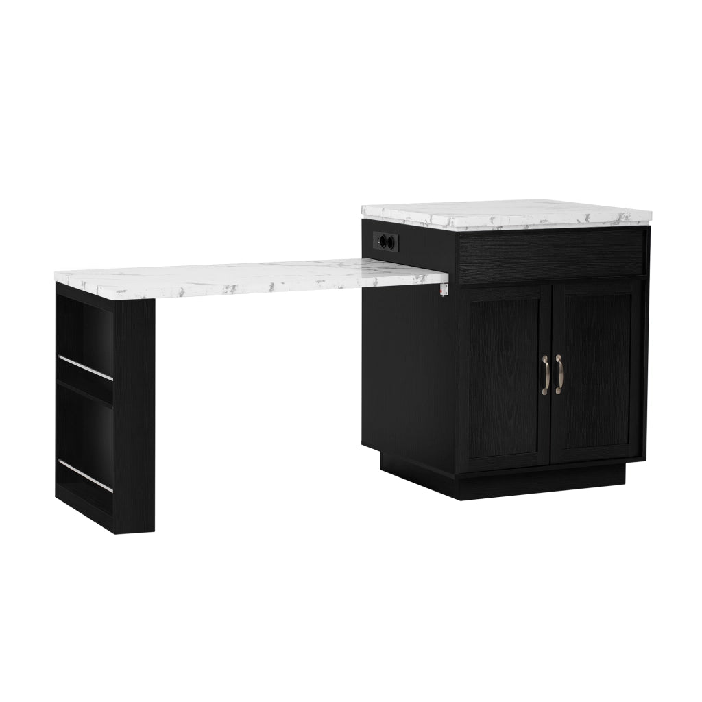 Carrello da Cucina con Tavolo Estensibile; 2 Cassetti; Ripiani Aperti; LED; USB e Type-C; in MDF; Nero